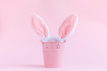 Bunny ears peek from can isolated on pastel rose background creative easter concept.