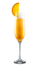 Mimosa cocktail in champagne glass with slice of orange isolated on white background. Clipping path