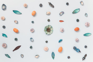 Flora pattern on blue background flat lay minimalistic concept.