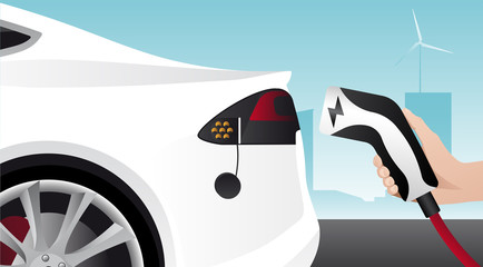 Hand with charging plug. Charging an electric car. Vector illustration