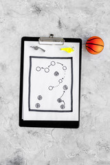 Sport judging concept. Soccer referee. Tactic plan for game, football ball, red and yellow cards,...