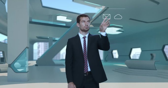 Businessman working holographic virtual interface in modern futuristic interior. Man touching touch screen. Financial diagrams appearing Virtual Augmented Reality future touchscreen technology