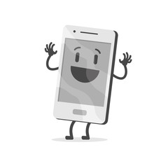 New mobile with bright and clean glowing screen. Happy and smiling cartoon character in gray colors. Flat design, vector illustration.
