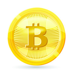 Golden bitcoin coin. Crypto currency golden coin bitcoin symbol isolated on transparent background. Realistic vector illustration.