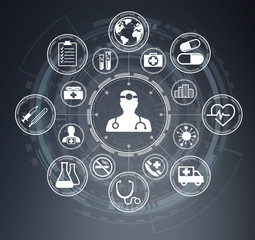 Modern medical interface with icons 3D rendering