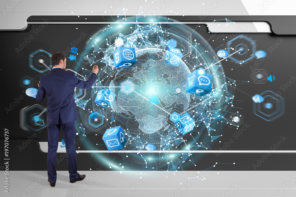 Poster businessman using digital planet earth interface on a board 3d rendering