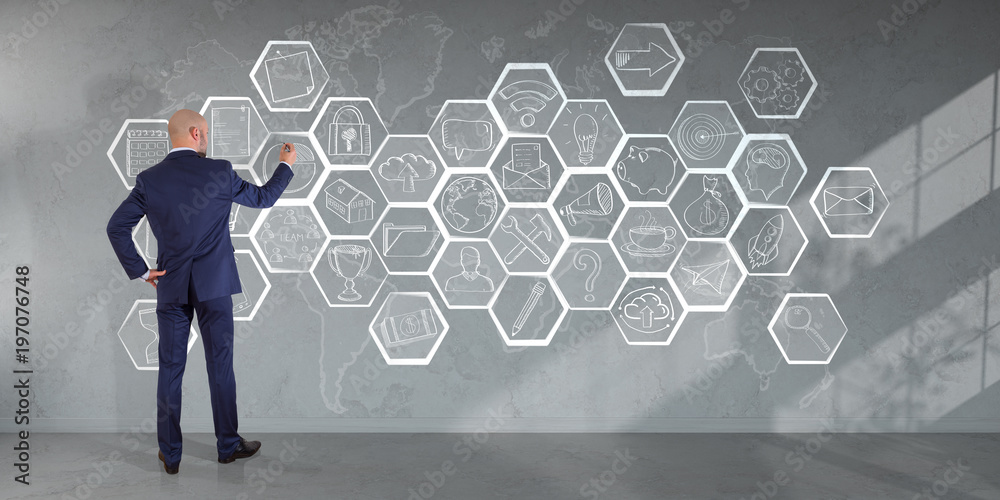 Poster Businessman drawing multimedia interface sketch on a wall 3D rendering