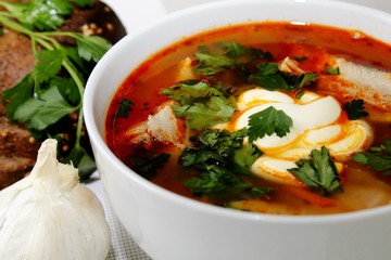 Traditional Ukrainian borscht on a white background