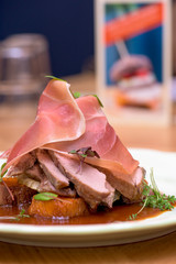 Duck with ham, sweet potatoes and meat sauce