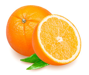 Isolated orange. Whole and cut orange fruit isolated on white background with clipping path