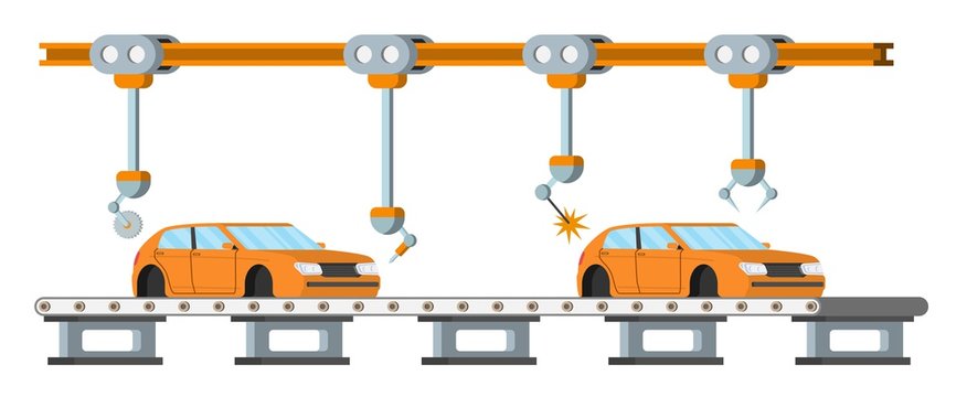 Car assembly line. Automatic auto production conveyor. Robotic car machinery industry concept. Vector illustration.