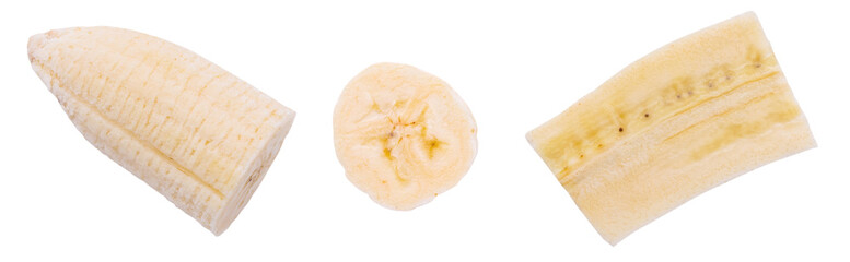 Isolated banana. Collection of peeled banana slices isolated on white background with clipping path