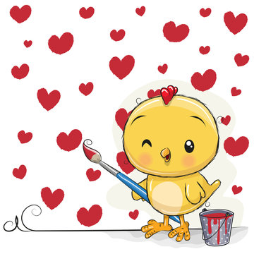 Chicken with brush is drawing red hearts