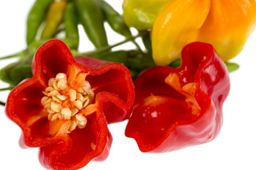 Bonnet and green chili peppers on a white background