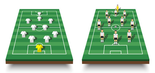 Soccer cup formation and tactic . Set of perspective view football field and players with jersey on white isolated background . Vector for international world championship tournament 2018 concept