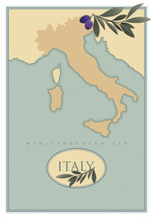 Italy map with olives, branches and olive leaves. Retro style.