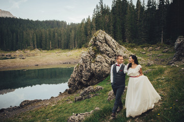 Beautiful stylish bride and groom walking in summer alpine meado