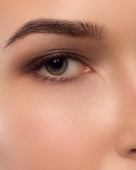 Obraz premium Close-up macro of beautiful female eye with perfect shape eyebrows. Clean skin, fashion naturel make-up. Good vision
