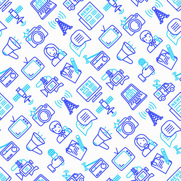 Mass media seamless pattern with thin line icons: journalist, newspaper, article, blog, report, radio, internet, interview, video, photo. Modern vector illustration.