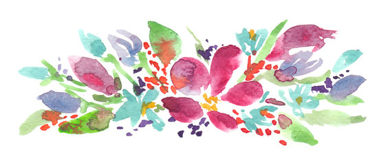 Fototapeta na wymiar Floral arrangement with pink, purple, blue and orange flowers and green leaves painted in watercolor on clean white background