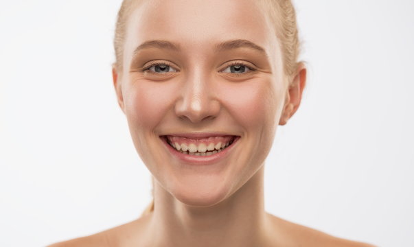 Face, smile, close up, white background