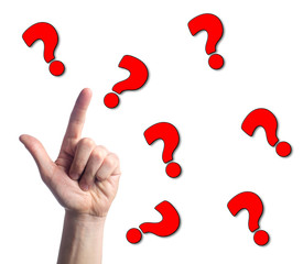 finger points to question marks on white isolated background. concept of the question. the problem of choice, the answer to a question, meditation, a difficult question