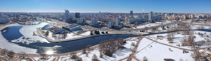 Winter Minsk, Belarus. Panorama from drone