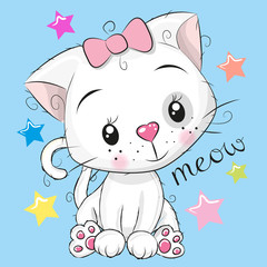 Cute kitten girl on a blue background