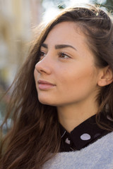 portrait  beautiful young woman street  brunette urban Close up city