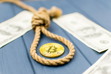 The concept of suicide due to the fall of bitcoin. A loop of rope for the gallows and bitcoin.