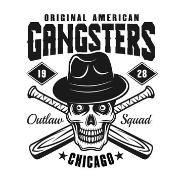 Gangster skull in hat with baseball bats on white