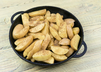 Sliced raw potatoes in a frying pan.