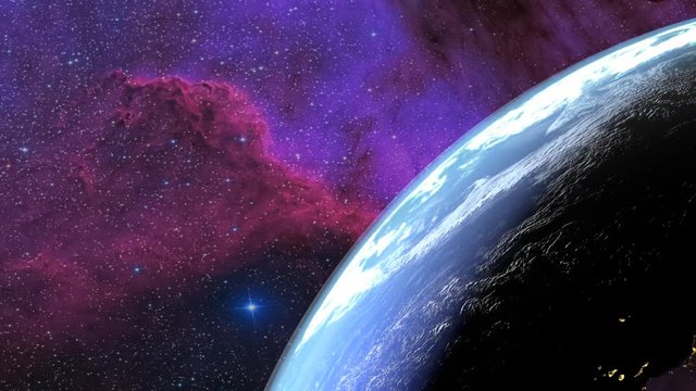 Terre vue du ciel avec l'alternance jour nuit et une n&eacute;buleuse en fond.
