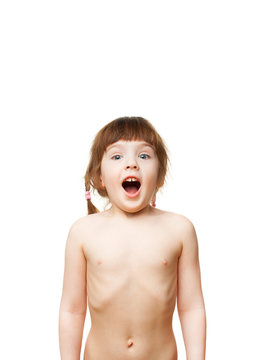 4-5 year old girl taking a deep breath on white background
