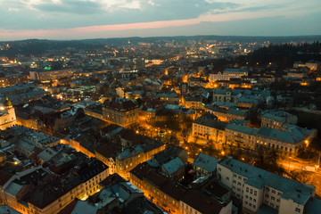 Fototapeta na wymiar panoramic view of old european city on twilight. bird's eye view.