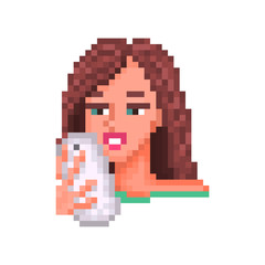 Fototapeta premium Girl taking selfie, pixel art.Woman recording video/taking photo on phone camera/texting/making video call/reading mail/watching phone screen. Smartphone chat app. Messenger sticker. Live stream vlog.