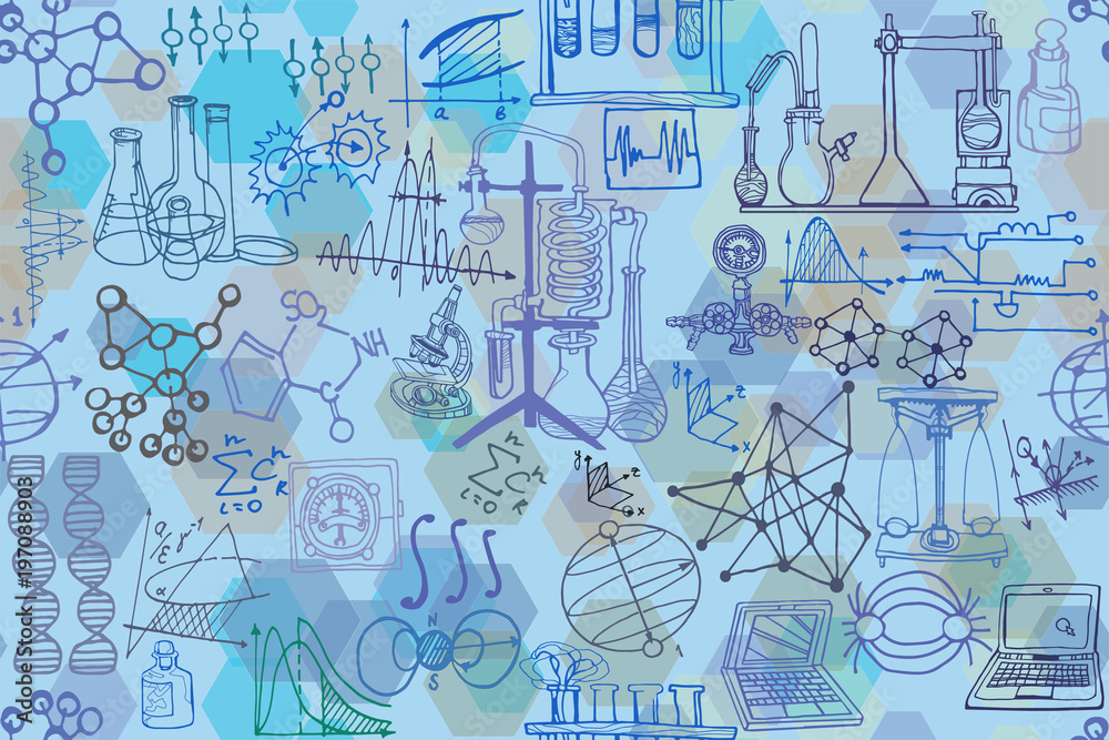 Wall mural vector seamless pattern with sketch elements related to science or education. physics or chemistry a