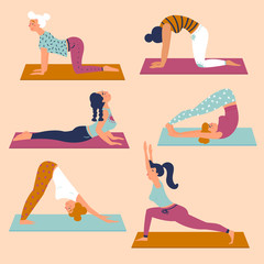 Set with beautiful women in various asana poses of yoga. Vector set of exercises illustration. Six women are taking yoga on mats. Healthy lifestyle. Different basic sctretching exercises. Flat style