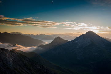 Dawn in the mountains with fog