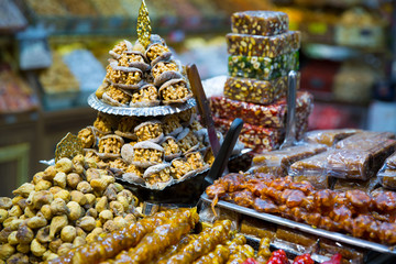 assortment of Turkish desser Baklava with pistachio, honey and walnut. Tasty turkish delights.