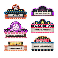 American motel and movie retro signs with light frame. Vintage casino billboards vector set