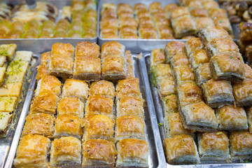 Turkish desser Baklava with pistachio, honey and walnut. Tasty turkish delights.