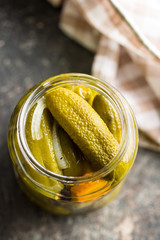 Pickles in bowl. Tasty preserved cucumbers.