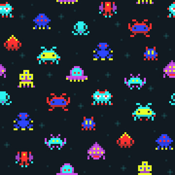 Cute Pixel Robots, Space Invaders Retro Video Computer Game Seamless Vector Pattern