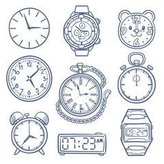Doodle watch, clock vector icons. Hand drawn time vector icons isolated