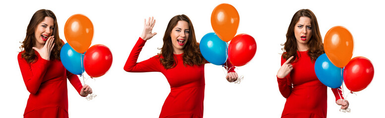 Set of Beautiful young girl holding balloons and making surprise gesture