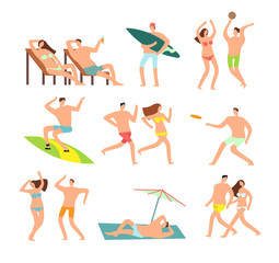 Young and happy family on sunny beach. Vector people character on summer vacation