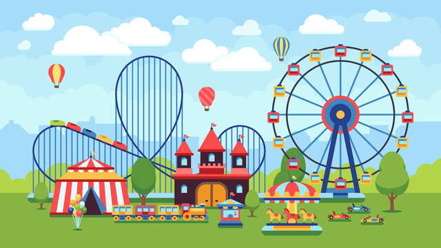 Cartoon amusement park with circus, carousels and roller coaster vector illustration