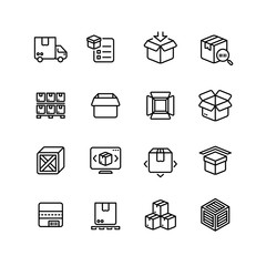 Product packing line icons. Box warehousing outline vector symbols