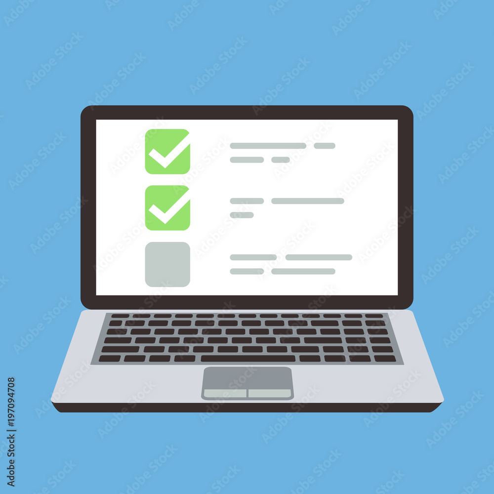 Wall mural computer laptop with online quiz form checklist on screen. choice and survey vector cartoon concept